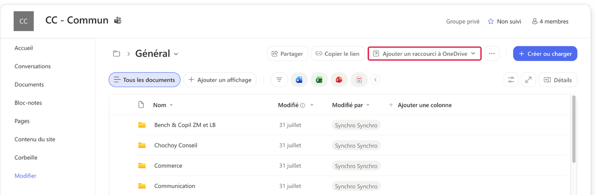 Bouton « Ajouter un raccourci à OneDrive » dans la barre d'outils SharePoint
