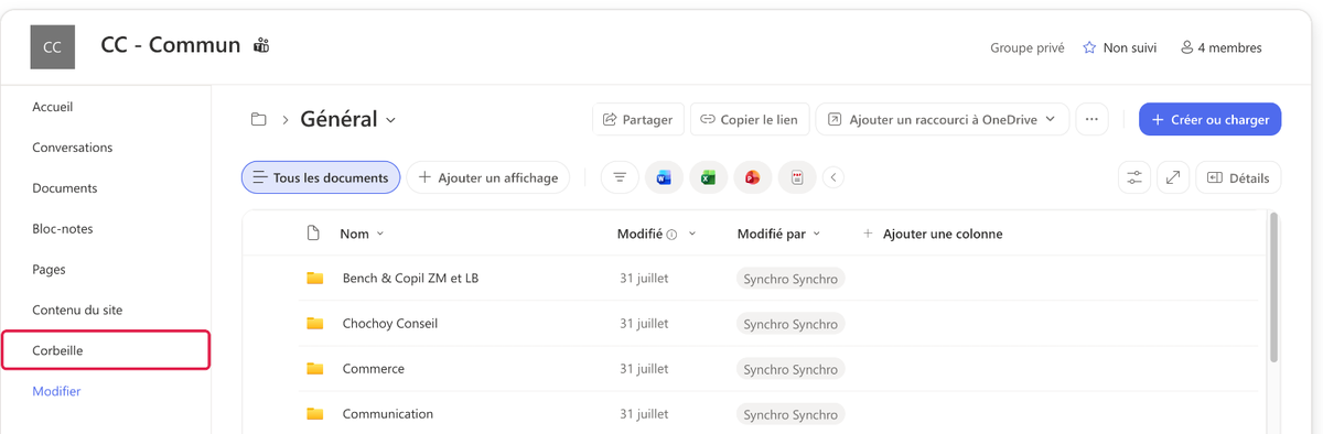 Lien Corbeille dans le menu de gauche du site