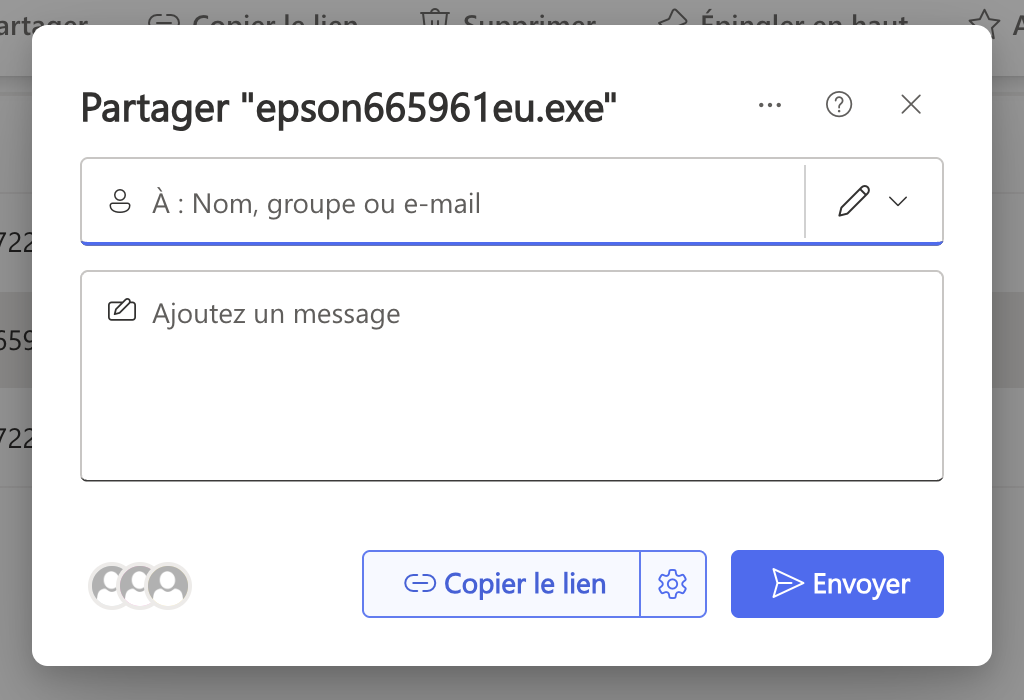 Fenêtre de partage : destinataires, message, réglages du lien