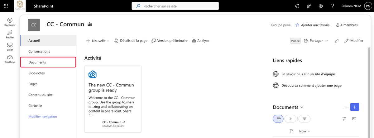 Page d'accueil d'un site : le lien « Documents » dans le menu de gauche