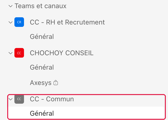 Rubrique « Teams et canaux » : l'équipe CC - Commun et son canal Général